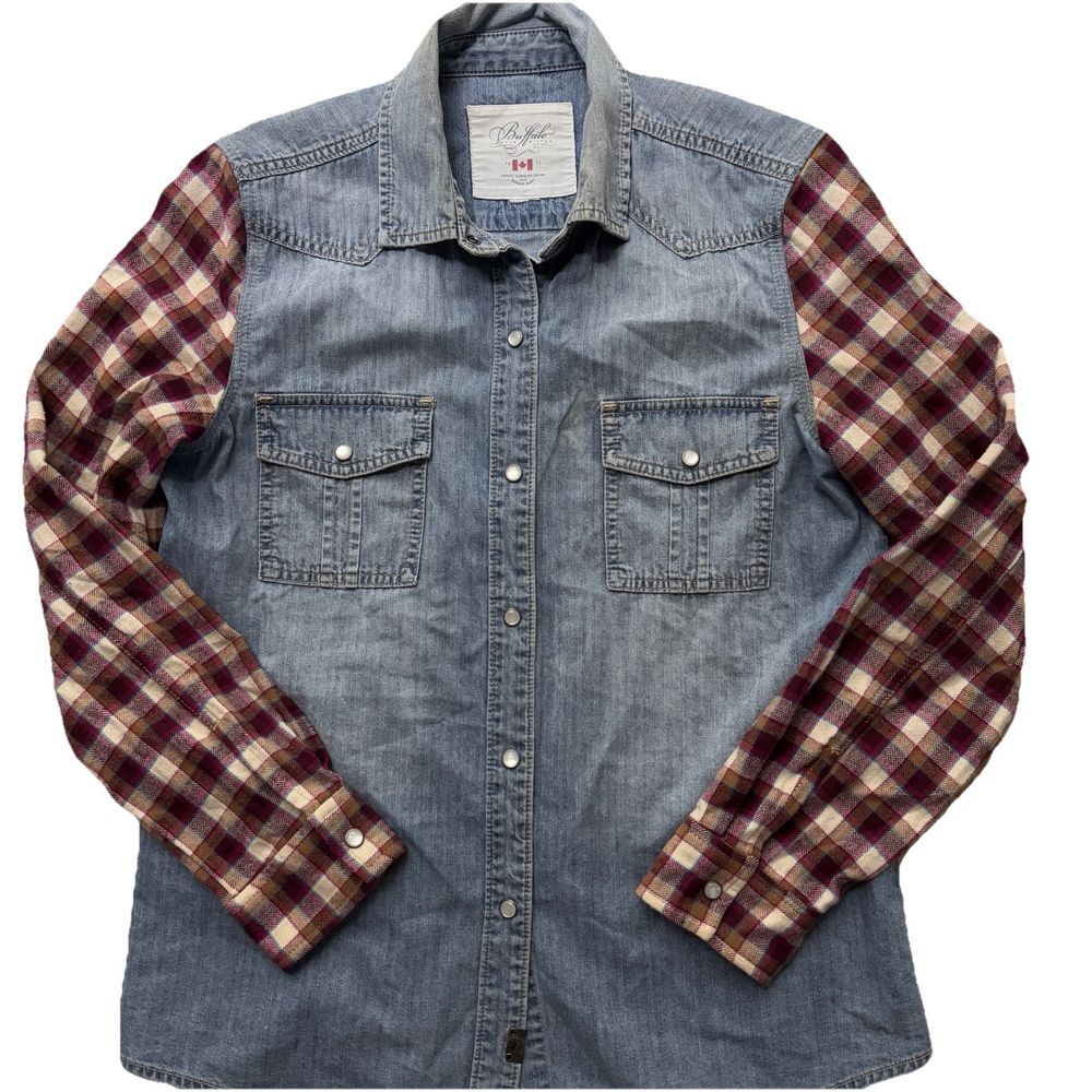 Buffalo David Bitton Mens Small Flannel Denim Shirt Jacket Pearl Snap Gorpcore